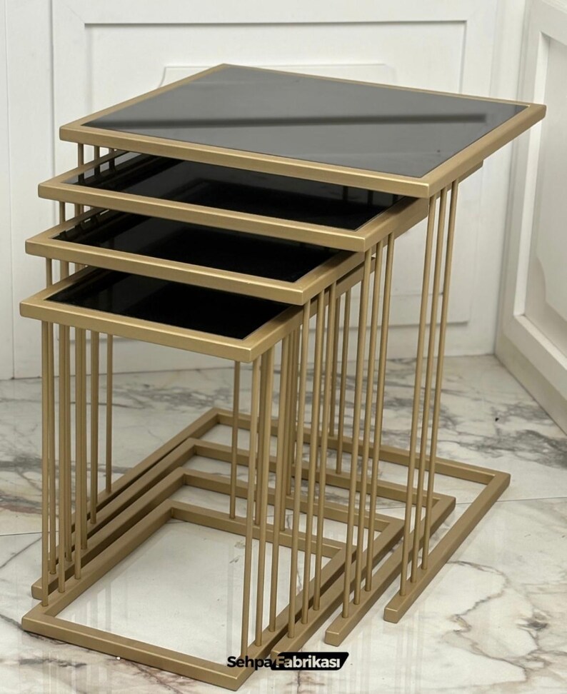 Set of 4 Black Glass Gold Nesting Tables With Layered Rod Minimalist ...