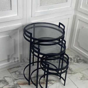Moderne schwarze Metall Satztische mit Rauchglasplatten - 3er-Set