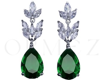 Emerald Green Drop Earrings, Pear Cut Crystal Earrings for Bride, Dark Green Wedding Earrings, Marquise Silver Pendants