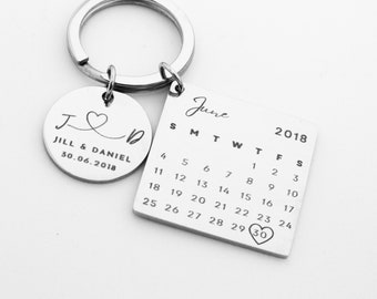 Portachiavi con calendario personalizzato Portachiavi in argento personalizzato, regalo di San Valentino per lui, regalo per lei, regalo di anniversario