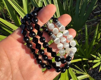 Selenite and Tourmaline bracelet, size large, 8mm