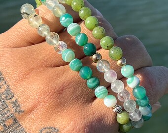 Jade, Prehnite, Green Botswana Agate and Fluorite