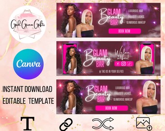 DIY Glam Boutique Website Banner Set, Editable Canva Website Banner Template, Lashes Bundles Makeup Booking Website Banner Set