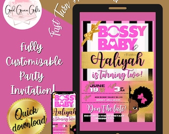 Invitación de cumpleaños rosa bebé para niña, totalmente personalizable. Plantilla de diseño digital para invitaciones de cumpleaños en rosa.