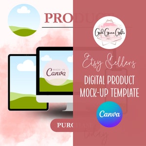 Puede incluir: Plantilla de maqueta de producto digital para vendedores de Etsy. La imagen presenta una tableta y un monitor de computadora que muestra una escena de paisaje con el texto "Made in Canva". El diseño incluye el logotipo de Canva y el texto "Purchase today."