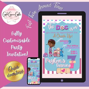 May include: A printable Doctor McStuffins birthday party invitation with a blue, pink and white colour scheme. The invitation features a cartoon image of Doctor McStuffins and her friends. The text on the invitation reads "The DOC is in! You have an appointment for a Check Up!" and includes the date, time and location of the party. The invitation is customisable and can be downloaded quickly.