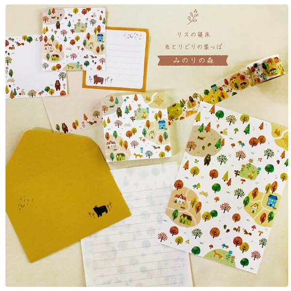 Japanese Stationary Forest Fall Collection: Memo Pad, Stickers, Letter Set, and Washi Tape