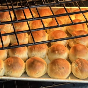May include: A baking sheet filled with golden-brown rolls inside an oven. The rolls are round and evenly spaced, with a slightly textured surface. The oven rack is visible in the foreground, creating a grid pattern over the baked goods.