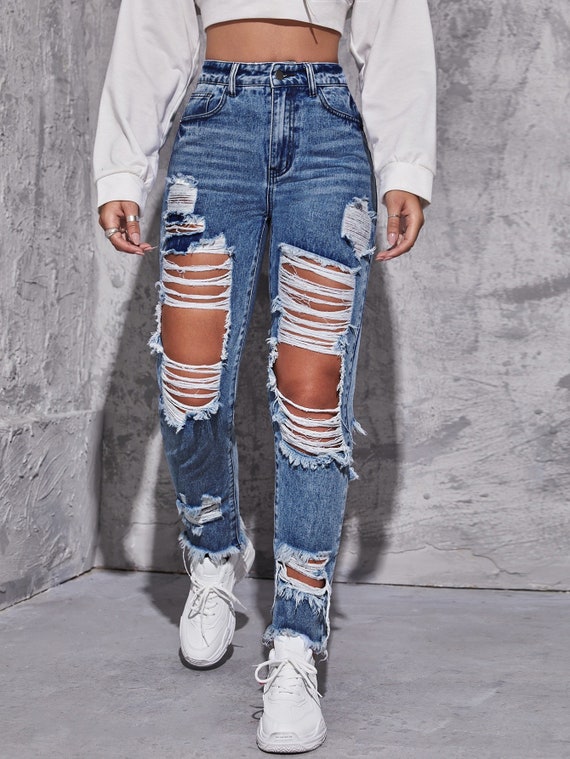 High-waisted Ripped Jeans - Etsy