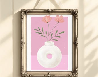 Pink Cosmos Flowers Art Print: Minimalist Pastel Vase Illustration
