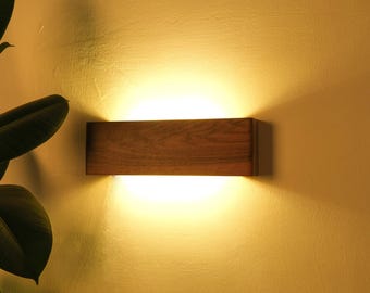 Wooden Vanity Wall Lamp, Natural Walnut Wood Sconce, Minimalist Bedroom Wall Light, Battery Operated Sconce, Plug-In Rustic Wall Light