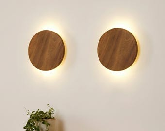 Pair of Wooden Sconces (2 Pcs), Walnut Wood Round Wall Lighting, Rustic Farmhouse Home Decor Sconce, Handcrafted Bedside Wall Lamp with Plug