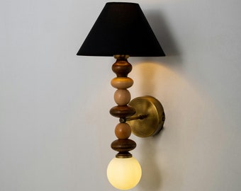 Luxury Wooden Wall Lighting Fixture, Glass Globe and Linen Lampshade Sconce, Elegant Contemporary Wall Lamp, Exclusive Wood Wall Sconce