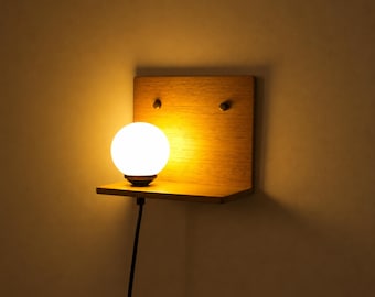 Wooden Wall Sconce with Shelf, Modern Plug-In Wall Light, Glass Globe Minimalist Sconce, Flush Mounted Rustic Bedroom Wall Lamp, Accent Lamp