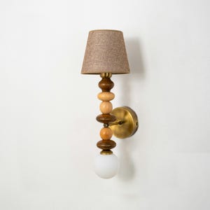 Wooden Unique Wall Lighting Fixture, Mid-Century Modern Wall Sconce with Linen Lampshade and White Glass Globe, Stylish Bedside Wall Lamp