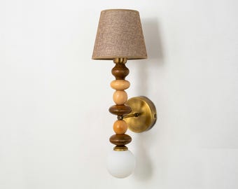 Wooden Unique Wall Lighting Fixture, Mid-Century Modern Wall Sconce with Linen Lampshade and White Glass Globe, Stylish Bedside Wall Lamp