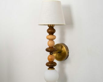 Vintage Wooden Beads Wall Lamp, Elegant Wall Lighting Fixture, Linen Lampshade and Glass Globe Sconce, Unique Sconce for Home Decoration