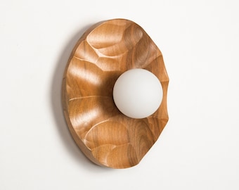 Walnut Wood Wall Sconce, Scandinavian Bedroom Wall Lighting, Modern Sconce with Glass Globe, Handcarved Wooden Vanity Sconce with Plug-In