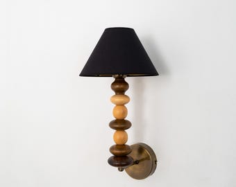 Luxury Vintage Wall Sconce, Wooden Unique Sconce, Linen Lampshade Wall Lighting Fixture, Modern Rustic Wall Lamp, Natural Wood Sconce