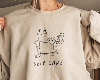 Self Care Funny Frog Sweatshirt Mental Health Sweatshirt Cute Frog Hoodie Trendy Sweatshirt Anxiety Sweatshirt Cottagecore Clothing