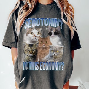 Serotonin In This Economy Funny Cat Meme Shirt Weirdcore Tee Ironic TShirts That Go Hard Bootleg Mental Health Shirt Anxiety Depression ADHD