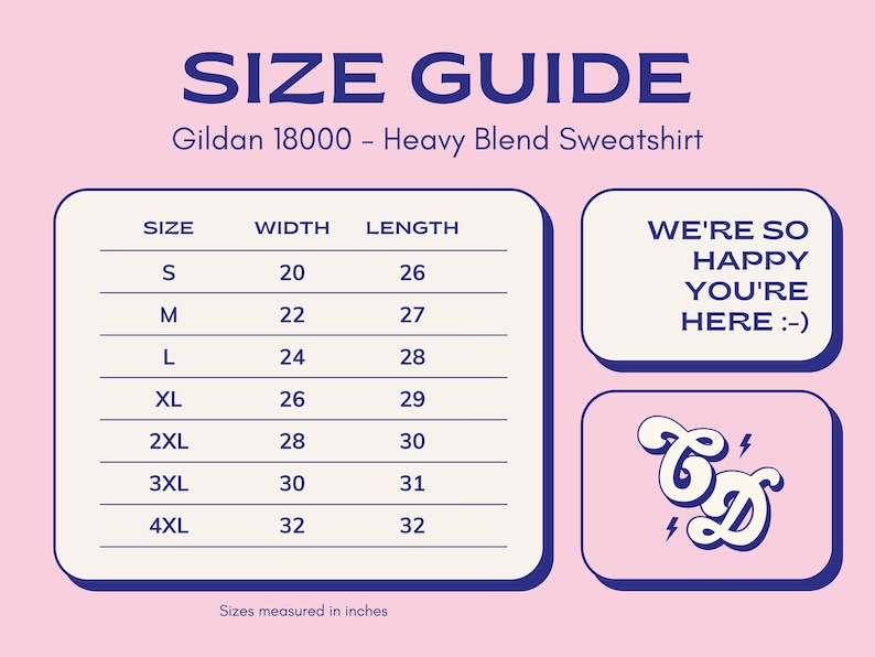 Peut inclure: Tableau des tailles pour un sweat-shirt Gildan 18000 Heavy Blend. Le tableau indique la largeur et la longueur en pouces pour les tailles S &agrave; 4XL. Le tableau est sur un fond rose avec du texte bleu et des bordures.