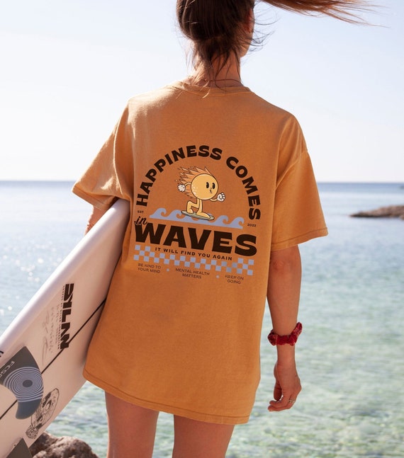 Happiness Comes In Waves Mental Health Shirt Anxiety Shirt Surfer Sun Retro Graphic Tee VSCO Self Care Aesthetic Sun 988 Suicide Awareness