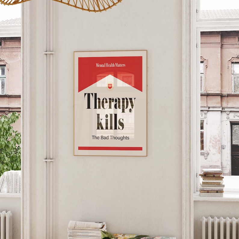 Therapy Kills The Bad Thoughts Wall Art Mental Health Poster Digital Download Aesthetic College Dorm Decor Trendy Y2k Retro Funny Print image 1