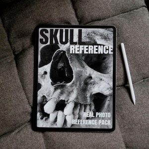 Peut inclure: Une tablette numérique affiche une image en noir et blanc d'un crâne humain. Le texte "SKULL REFERENCE" est en haut, avec "REAL PHOTO REFERENCE PACK" en dessous. Un stylet blanc repose à côté de la tablette sur une surface grise texturée.