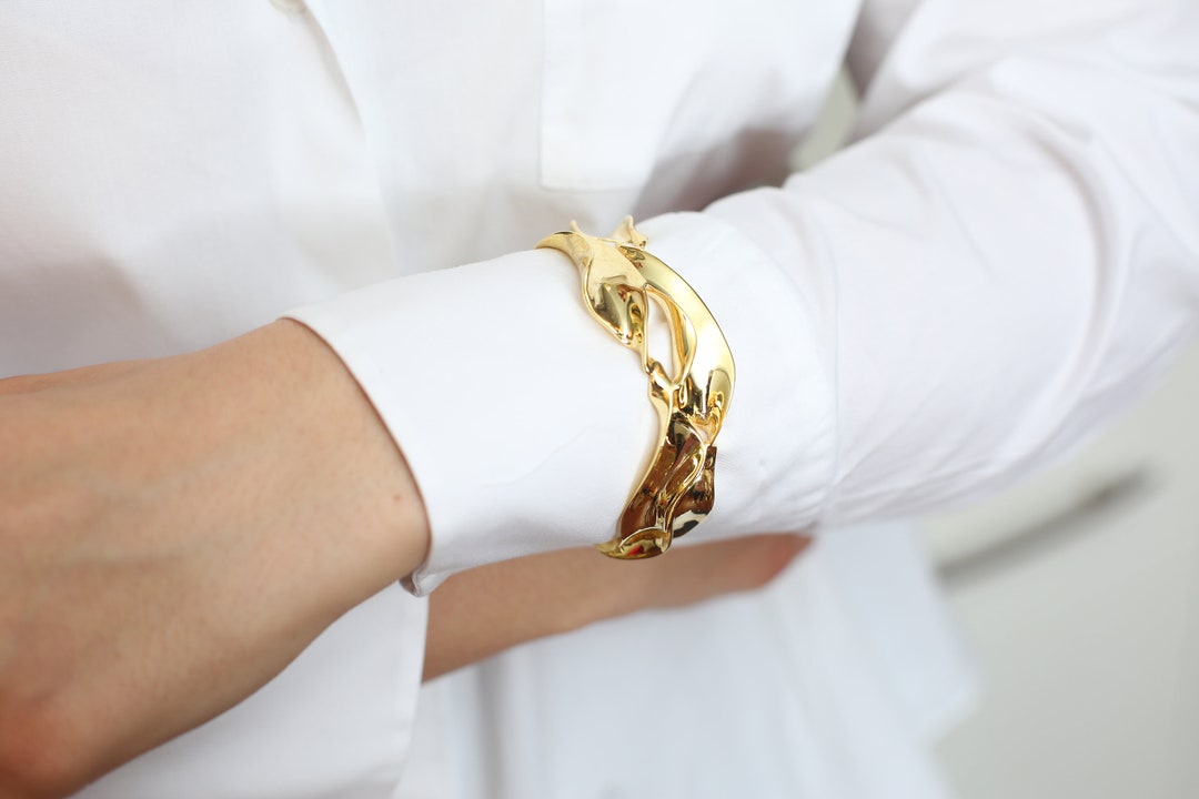 Engraved Thick Bracelet for Women Dainty Gold Plated Bracelet Bronze