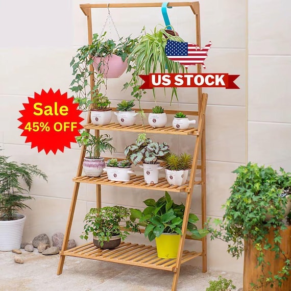 3段木製プラントスタンド：コーナー屋内植物棚 - Etsy 日本