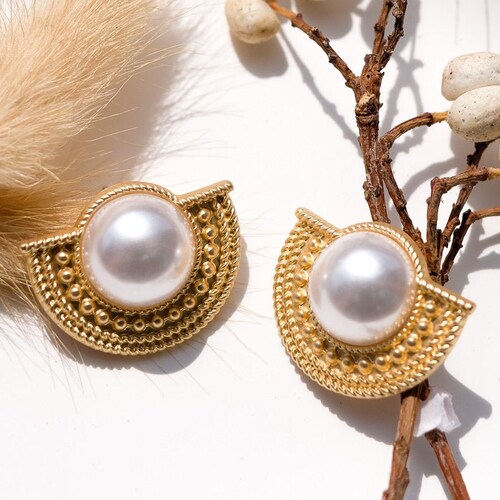 golden earrings with pearl and rhinestones stud earrings vintage jewelry gift for women