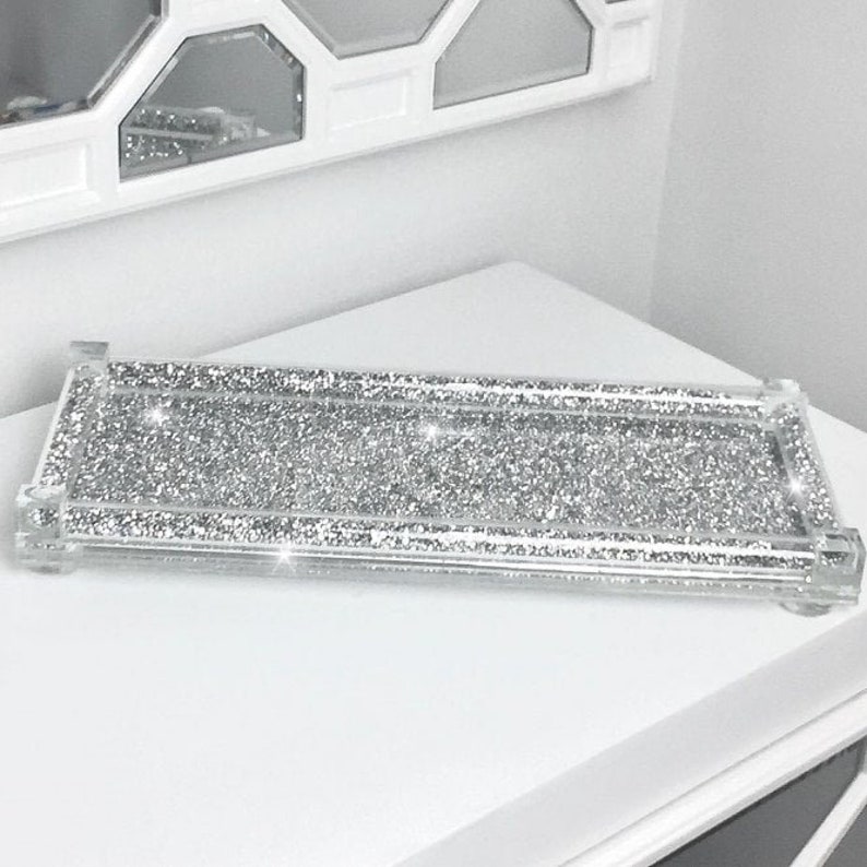 Silver Fully Crushed Diamond Crystal Filled Tray For Tea Coffee Sugar Jars Canisters Rectangle Tray Sparkly Bling Gift Kitchen Decor 