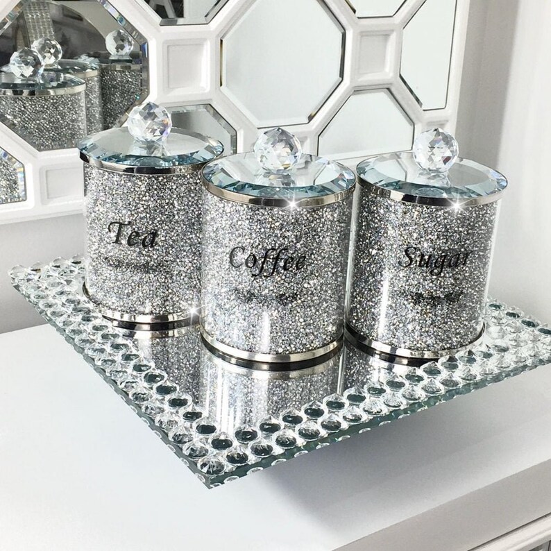 Large Silver Crushed Diamond Crystal Filled Tea Coffee Sugar Jars Canisters 