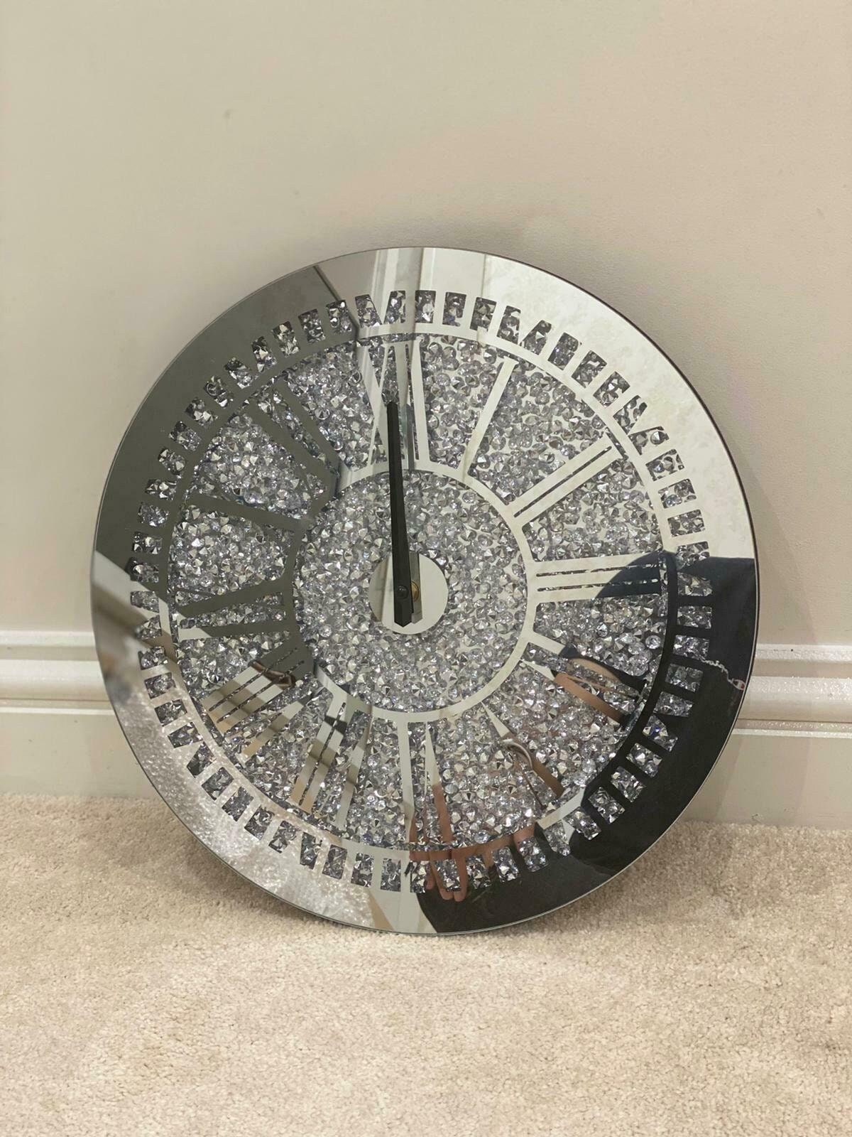 Home Wall Clocks Home, Furniture & DIY Diamante Crushed Crystal Bling Silver Mirror Jewel Wall