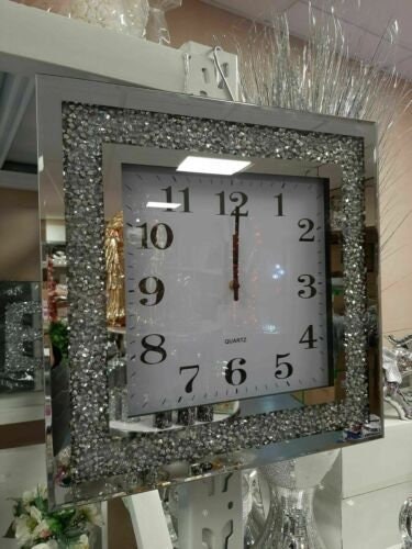 Clock  beautiful designs decorated crushed diamond crystal filled silver colour 