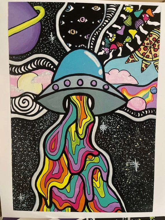 Hand Painted Trippy Spaceship Print | Etsy