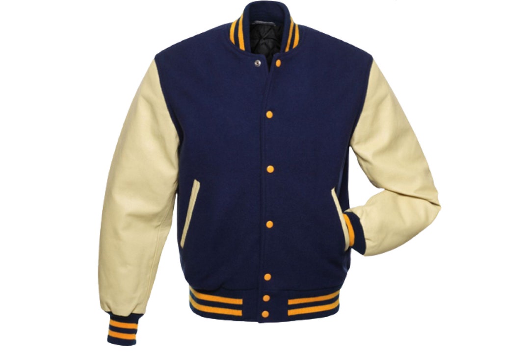 Varsity Letterman Bomber College Jacket Navy Blue Wool & Cream - Etsy