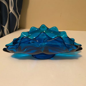 Sea Blue Art Glass bowl with layered look and curved up sides.  Color is stunning!