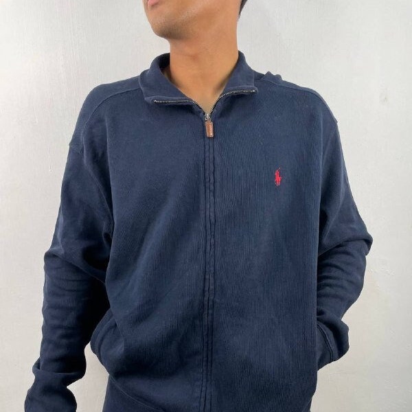 Vintage Polo Ralph Lauren Sweater Jacket Track Top Full Zip Men's Large Size Navy Blue