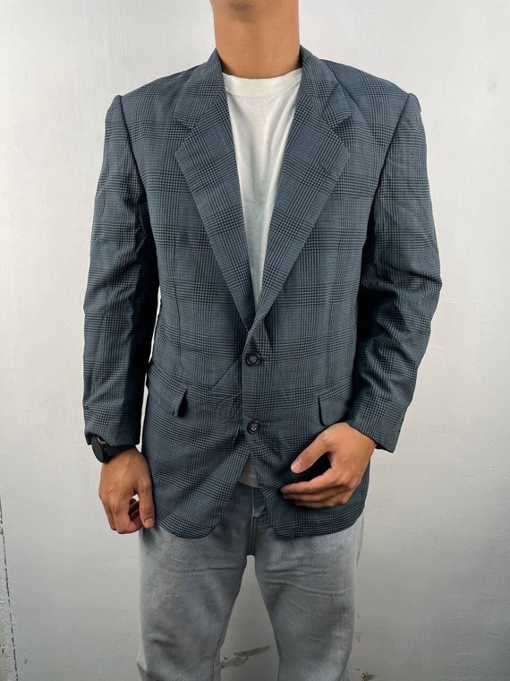 Vintage Christian Dior Blazer Jacket Blue Plaid Tartan Pattern 