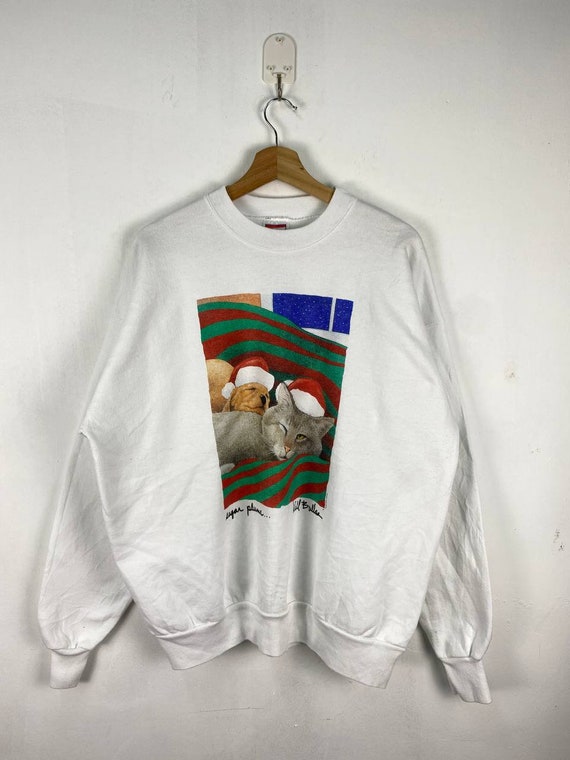 Vintage 1990s Cat And Dog Xmas Sweatshirt Overprin