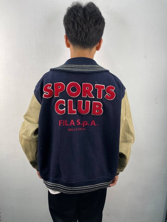 Vintage Fila Varsity Jacket 80s Letterman Fila Sport Club Fila Biella Italia Varsity Leather Sleeve Shawl Collar Blue Size M Etsy