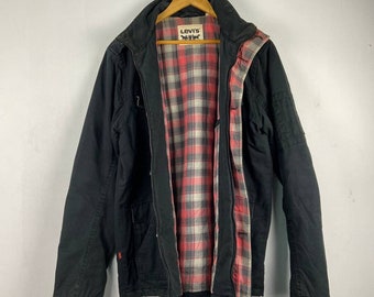 Vintage Levi's Denim Jacket Multipocket Plaid Tartan Checkered Lining Ash Levis Tactical Jacket Parka Size XL