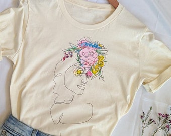 Single Line Drawing Shirt | Modern Woman Floral Face Tee | Continuous Line Creative Flower Tshirt | Womens Day Drawing Shirt