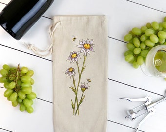 Daisy Watercolor Flowers Wine Bag Tote | Hand-drawn floral design canvas wine bag | Daisy and bees wine bag