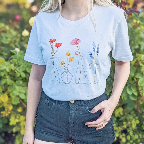 Wildflower Vases T-shirt Watercolor Flowers Geometric Design 