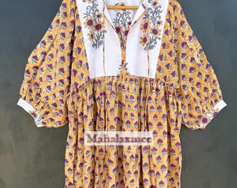 Floral Print Midi dress, Mini Dress, Deep Neck with String closer, Floral Long and Short Block Print Dress, Gift for Mum
