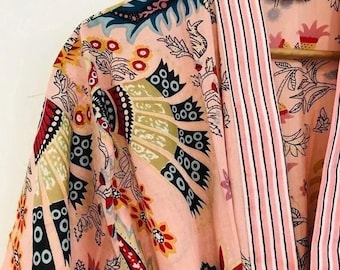 Cotton Kimono Robe Dressing Gown, Block Print Bridesmaid Robe, Summer Nightwear, One Size