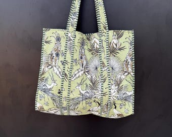 Floral Print Cotton Tote Bag Eco Friendly Sustainable Sturdy Grocery Shopping Tote Bag Handmade Boho Bag Quilted Tote Bag Market Bag